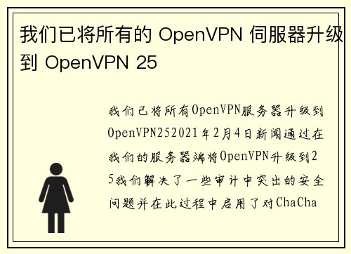 我们已将所有的 OpenVPN 伺服器升级到 OpenVPN 25 